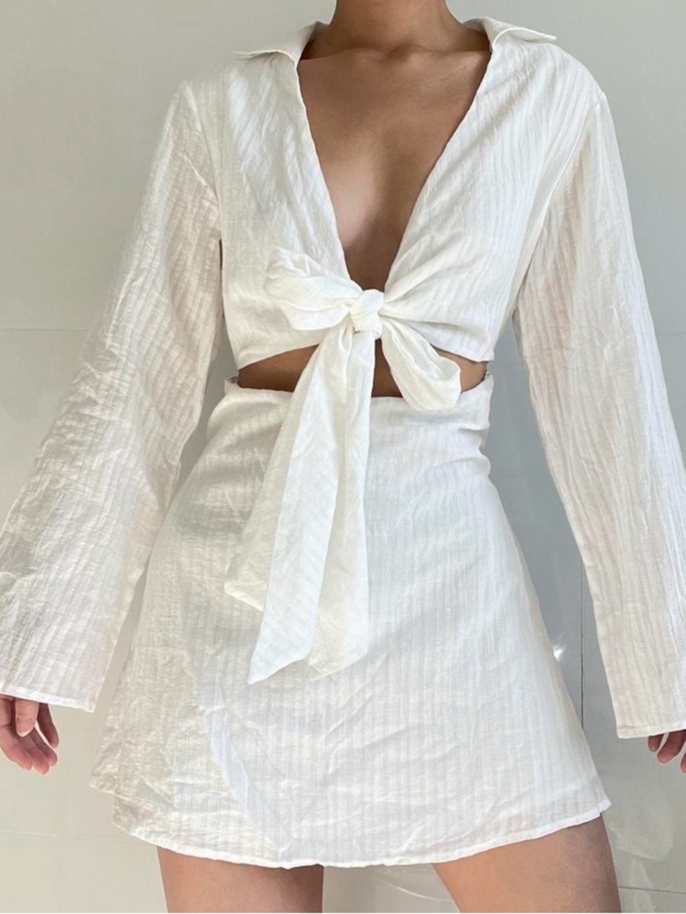 Princess Polly Tie-Front Cotton LS Dress 14 White Coastal Beach Relaxed Casual